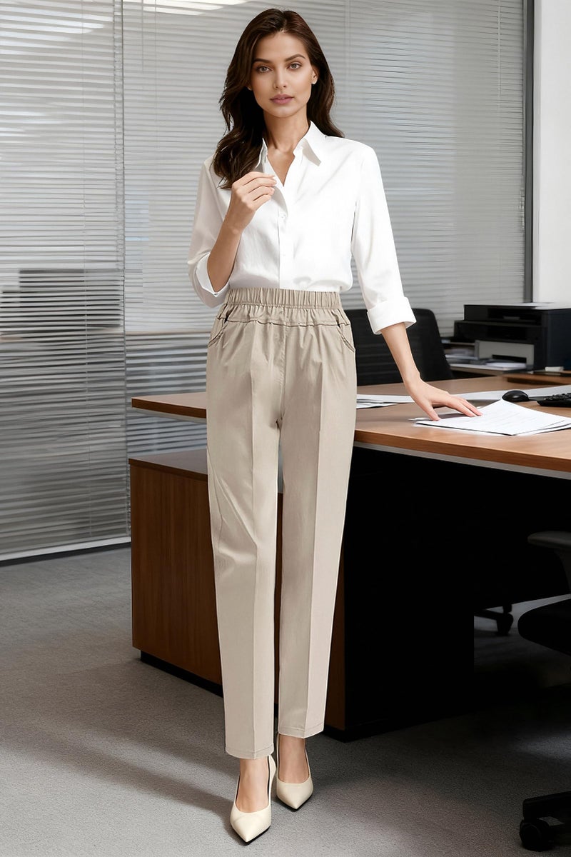 Soojun Womens Summer Elastic Waist Comfy Stretch Pull On Pants, Color Khaki, Large - Image 4